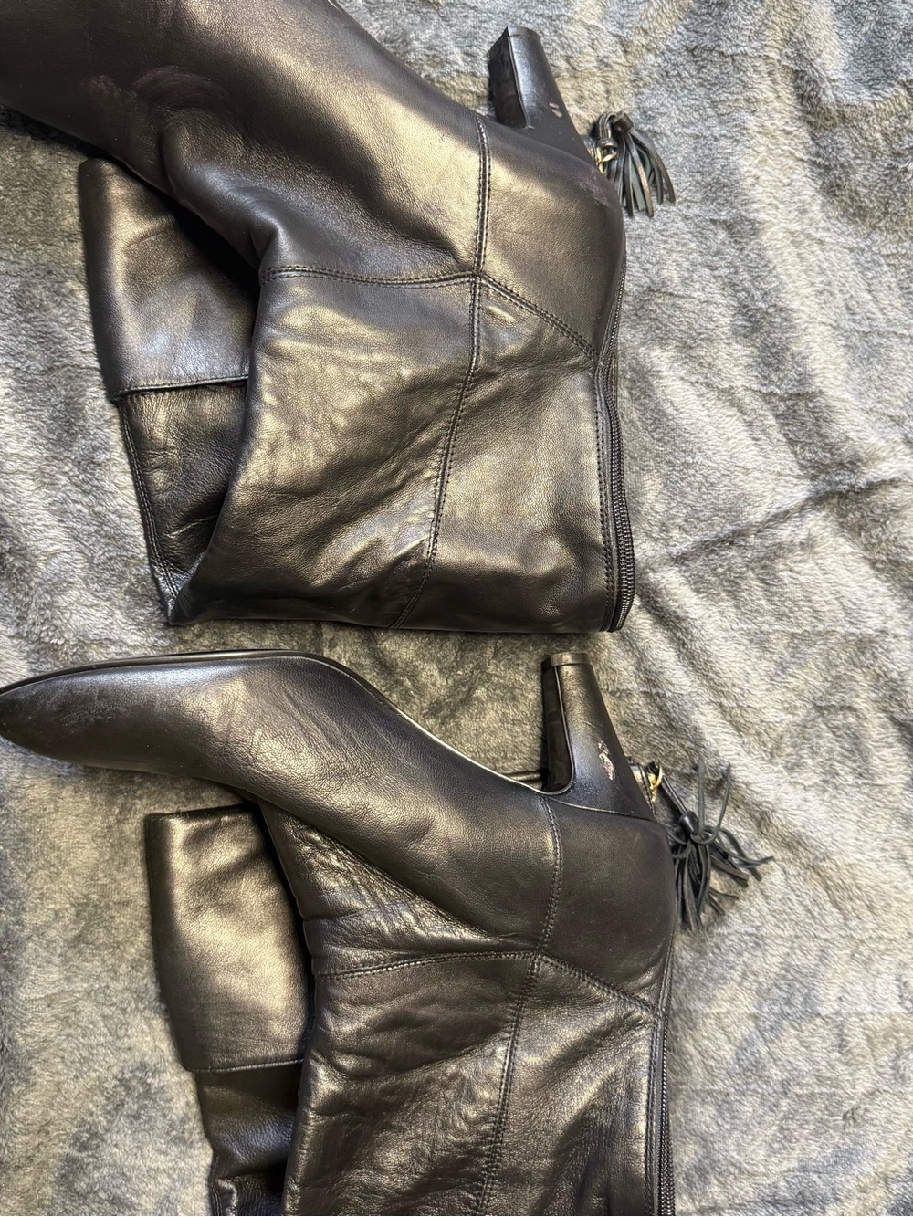 Women's Black Leather Mid-Calf Heel Boots large calf back zipper